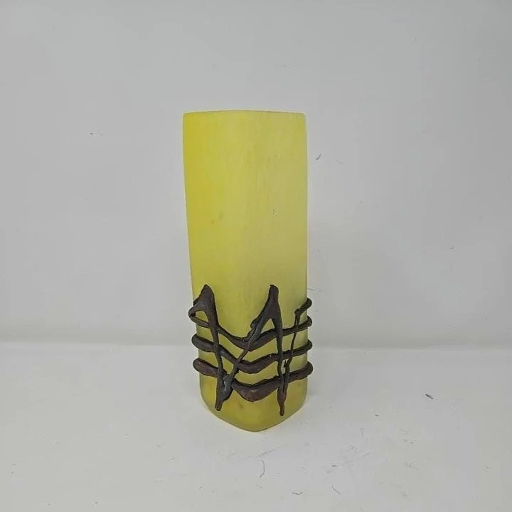 Vtg Germany romblast vase frosted yellow glass w/bronze metal art art‎ nouveau